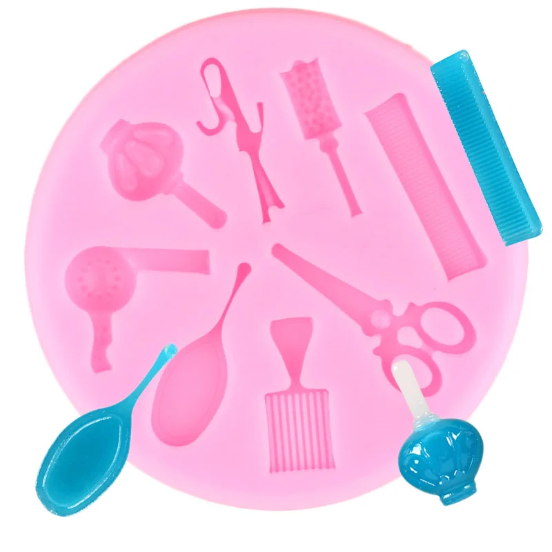 3D Woman Hair Beauty Makeup Tools Comb Curling Iron Mirror Scissor Salon Silicone Molds Chocolate Fondant Cake Decorating Tools