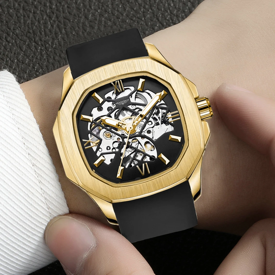 Luxury Mechanical Watch Francisco Mens Skeleton Steel Back Business Waterproof Automatic Wristwatches