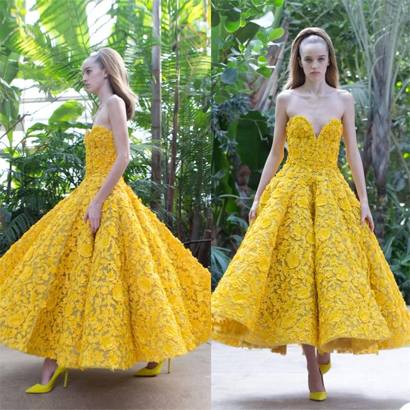 Spring Yellow A Line Evening Dresses 3D Floral Appliqued Lace Sweetheart Sleeveless Prom Pageant Gown Robe De Mariée Knee Length