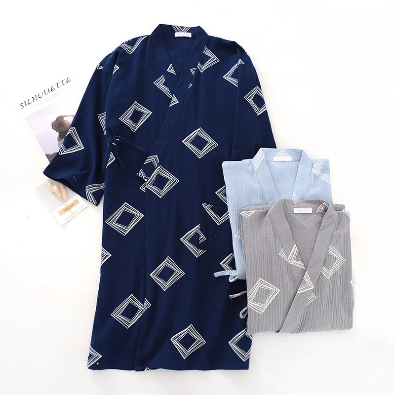 Summer Men Cotton Kimono Sleepwear V-Neck Loose Bathrobe Long Sleeve Nightgown Geometric Printing Robe Home Bath Robes