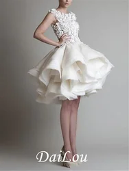 Ball Gown White Floral Homecoming Cocktail Party Valentine's Day Dress Sleeveless Short/Mini Organza with Tier Appliques 2022