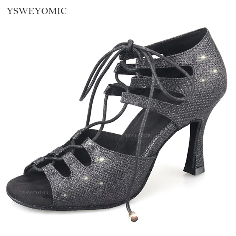 Latin Salsa Bachata Ballroom Dance Shoes flexible High Quality Black Shiny Glitter Women Latin Dance Shoes in Suede Outsole