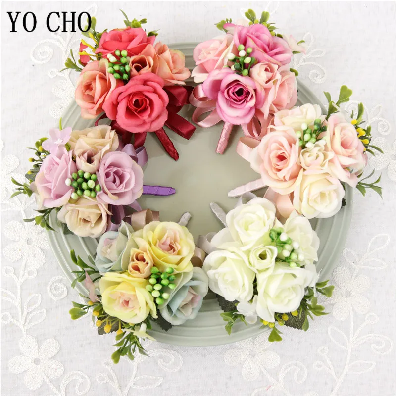 YO CHO Männer Anzug Boutonniere Hochzeit Seide Rose Mädchen Handgelenk Korsagen Schwester Armband Blume Groomsmen Korsagen und Boutonnieres