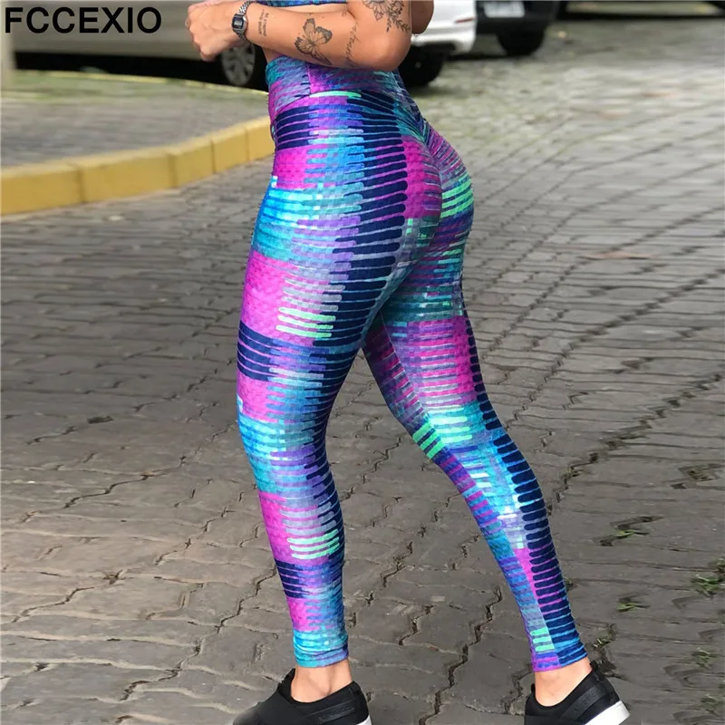 

FCCEXIO High Waist Fitness Elastic Leggings Chromatic Stripe Print Sexy Leggins Casual Workout Sport Tight Pants