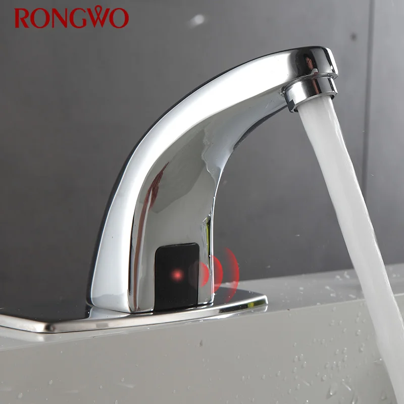 

RONGWO Basin Faucet Automatic Touchless Infrared Sensor Taps mixer water Brass Bathroom Sink Faucet with Hole Cover Plate