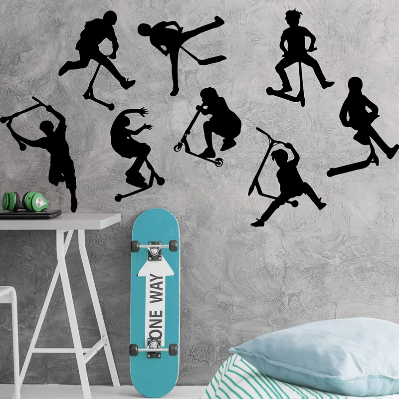 Set Of 8 Stunt Scooter Wall Stickers Scooter Bicycle Sport Wall Decal Boys Kids Room Decoration Bedroom Vinyl Home Decor