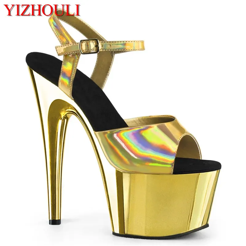 Sexy summer sandals, 17 cm gold plated stiletto heels at model nightclub, shiny steel dancing shoes