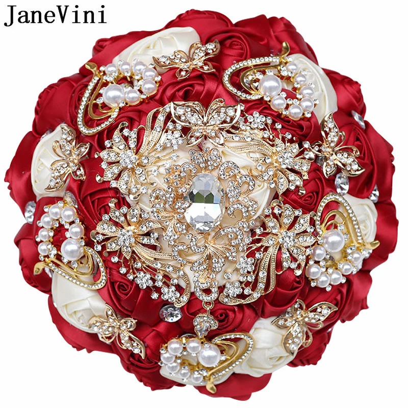 

JaneVini 21CM Burgundy Bridal Bouquet Luxurious Crystal Diamond Artificial Wedding Bouquet Quinceañera Bouquet Flores Novia Boda