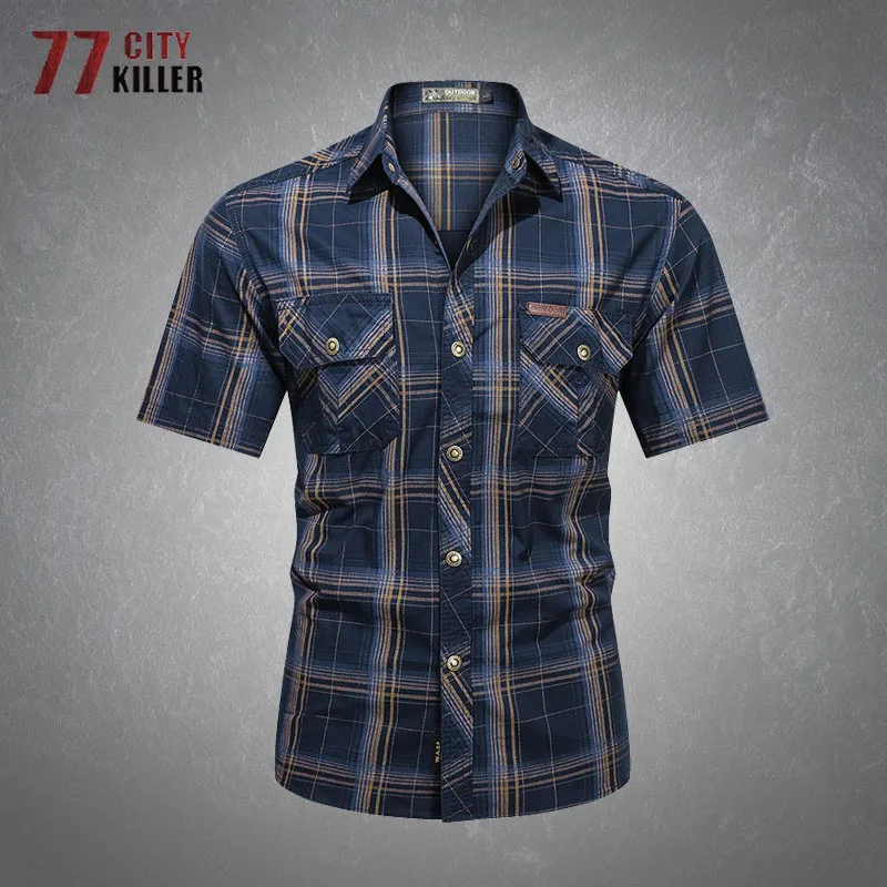 

Plaid Short Sleeve Shirt Mens Cotton Cargo Casual Thin Section Breathable Wear-resistant Washable Military Tops Camisa Masculina