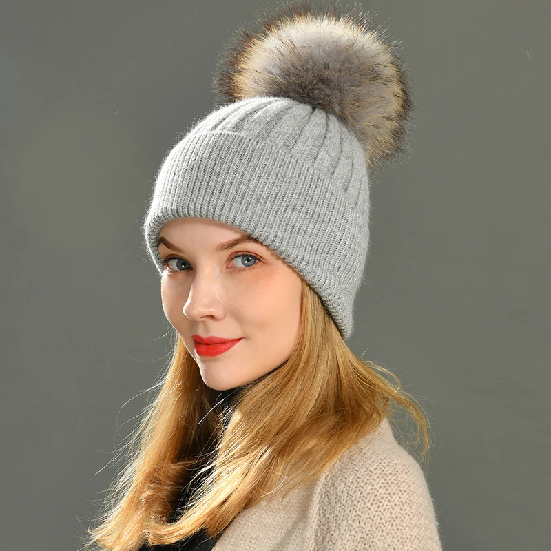 Women Winter Hat Female Removable Real Raccoon Fur Pompom Hat Cap Wool Knitted Hat Natural Fur Pompon Hat for Women Beanies