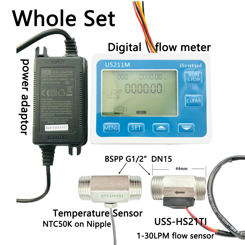 

US211M Water Flow Meter Totalizer with SUS304 Stainless Steel USS-HS21TI 1-30L/min Liquid Meter with Temperature Nipple iSentrol