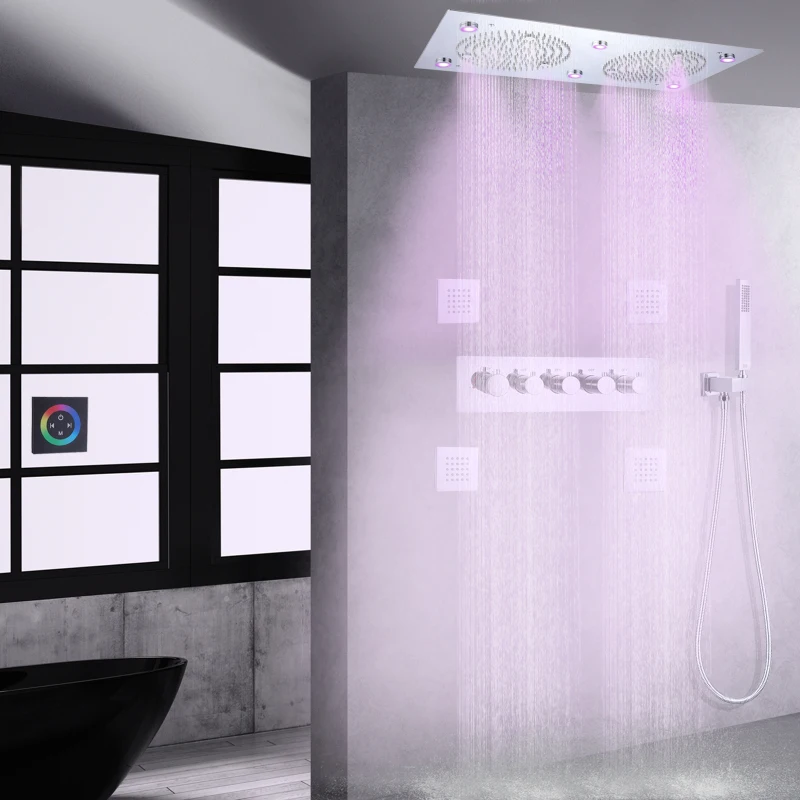 

Chrome Polished Bathroom Shower System LED 7 Color Mist Rain Shower Head Thermostatic Shower Set