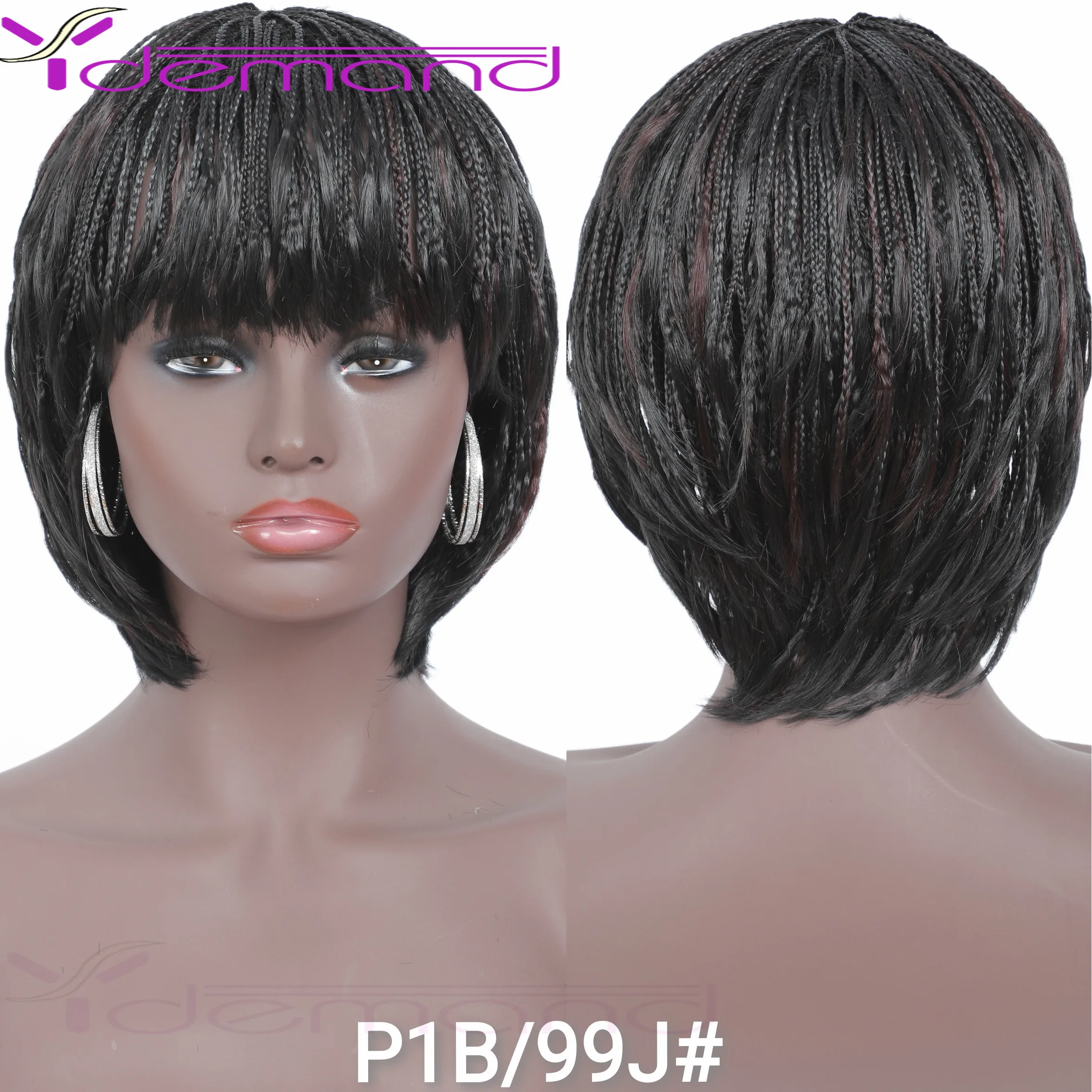 Y Demand Parrucche corte intrecciate con frangia per le donne Treccia Parrucca africana Naturale Nero Cool Girl Fibra sintetica per capelli naturali