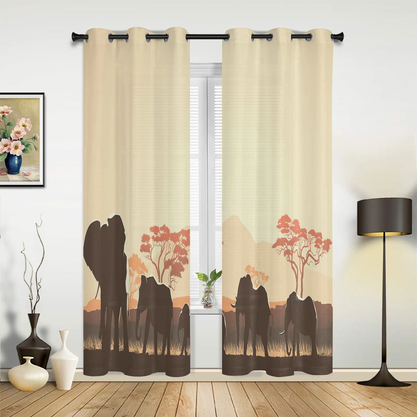 Elephant Trees Grass Kitchen Curtain Kids Bedroom Living Room Balcony French Windows Curtain Fabric Pergola Bathroom