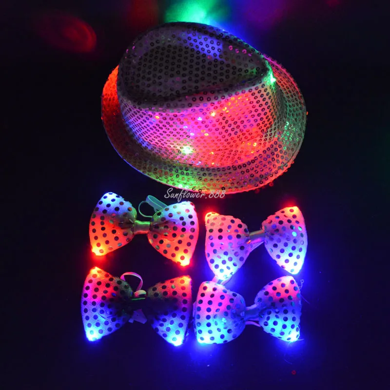 LED Flashing Light Up Sequin Tie Bow with Fedora Hat Party Wedding Boy Men            Christmas Decoration