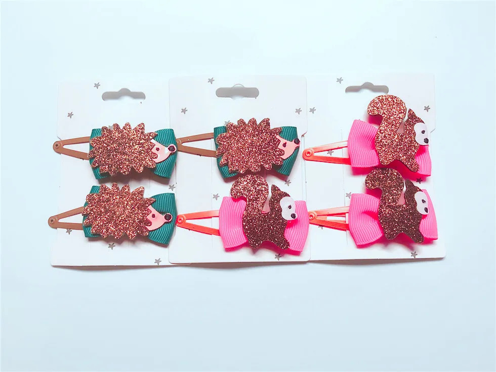 Boutique ins 5Sets Fashion Cute Glitter Embroidery Squirrel Hedgehog Snap Clips Animal Ribbon Bow Barrettes Princess Headware