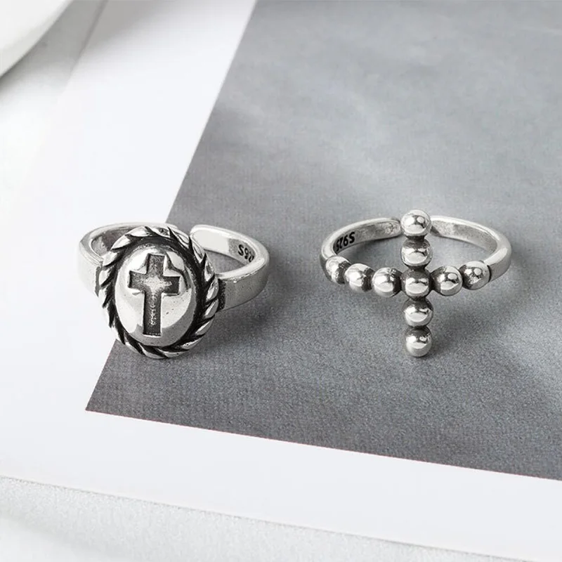 Vintage Punk Cross Fashion Rings For Women Lady Silver Open Finger Ring Female Bohemian Wedding Party Gifts Bead Chain Jewelry