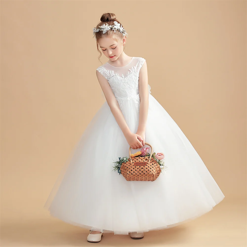 Flower Cô Gái Váy Cho Đám Cưới Lần Đầu Dresses Ren Beading Đảng Prom Công Chúa Appliques Áo Trẻ Em Cuộc Thi 2-14Years