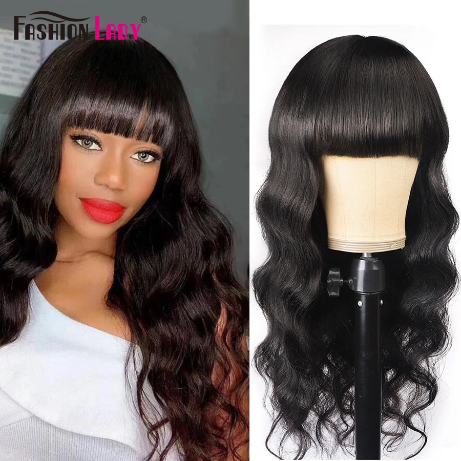 

Body Wave Wig With Bangs Human Hair Glueless Wigs With Elastic Band 130Density Wig For Women Peruvian Full Machine Made Bang Wig