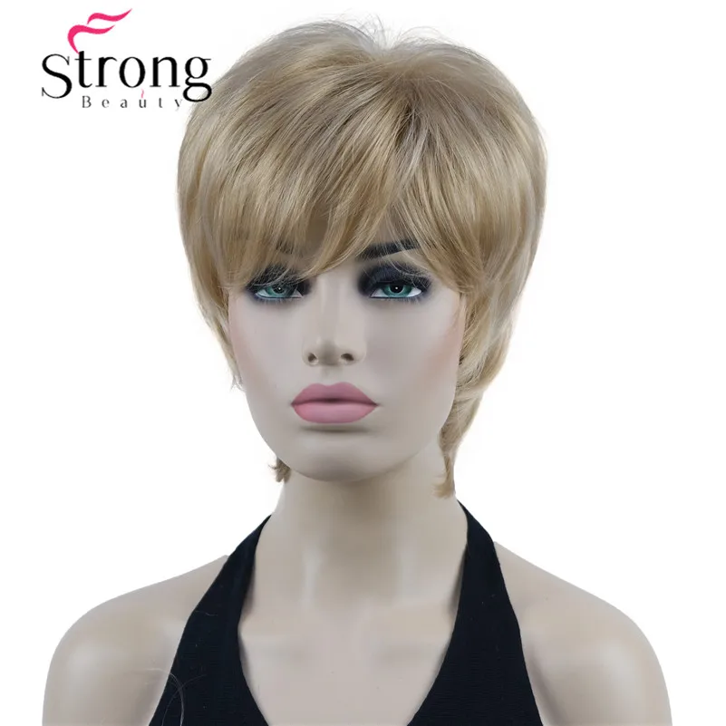 StrongBeauty peluca corta de capas rubia resaltada Shag gorra clásica peluca sintética completa pelucas de mujer opciones de color