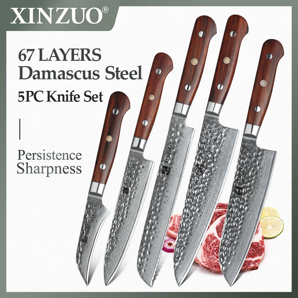 XINZUO 5PCS Kitchen Knives Set Damascus Steel Japan Steel Knives Cutlery Chef Nakiri Santoku Knife Rosewood Handle