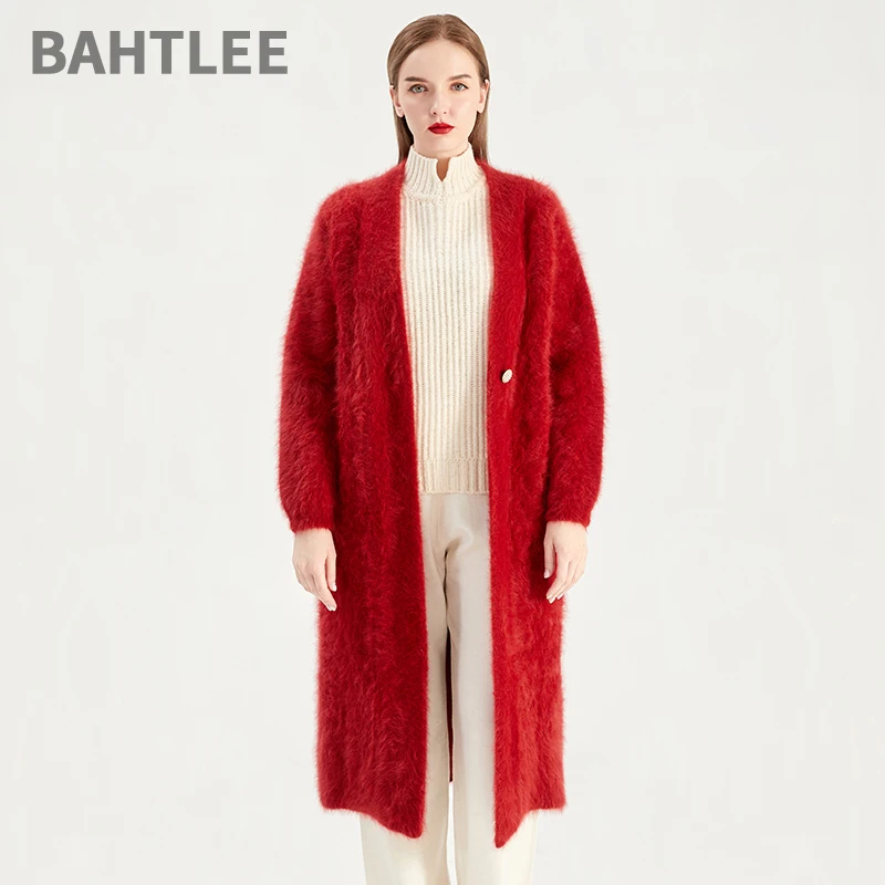 

BAHTLEE-Women's Angora Long Thick Coat, Wool Cardigans, Knitted Jumper, Lantern Sleeves, V-Neck, Button, Winter