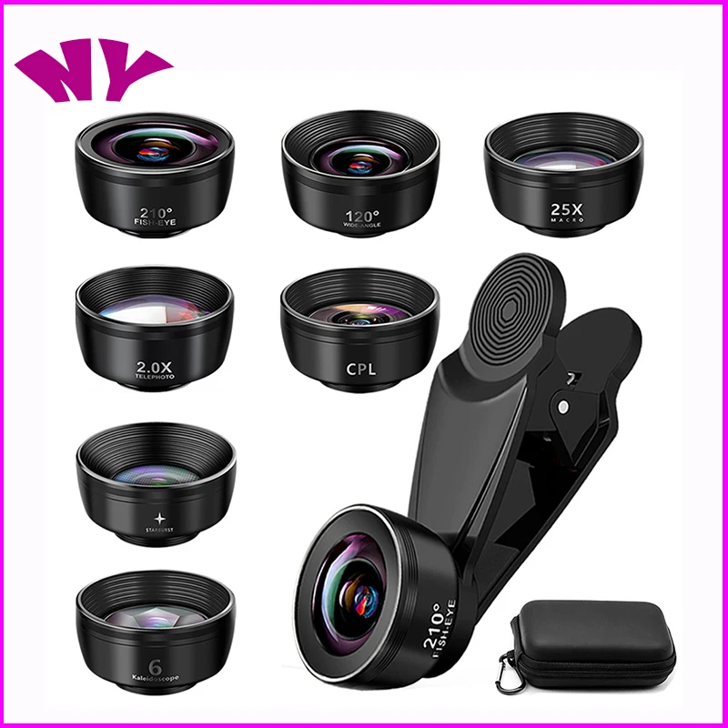 

Wholesale 50 Sets/Lot 7 in 1 Phone Camera Lens Kit Fish Eye Wide Angle/macro Lens CPL Kaleidoscope and 2X telephoto zoom Lens