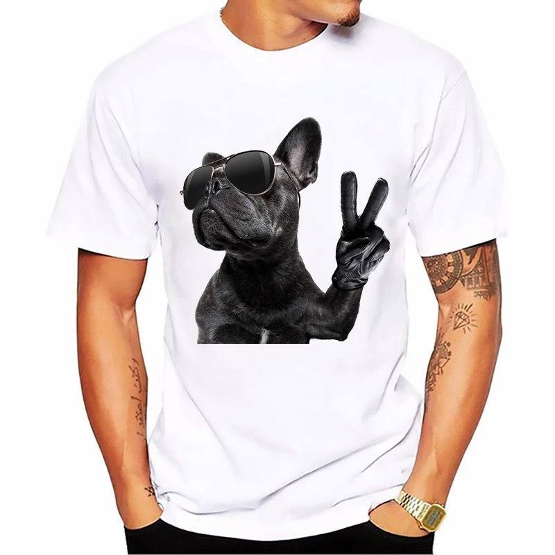 Glass French Bulldog Print Funny T Shirts Men Summer Top Male\'S Cool Hip Hop T Shirt White Short Sleeve Casual Camisetas Hombre