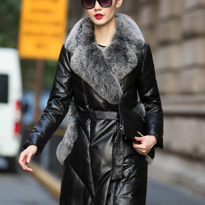 

Genuine Leather Jacket Women Winter Dduck Own Female Real Fox Fur Collar Natural Sheepskin Coat Warm Outwear LWL1212