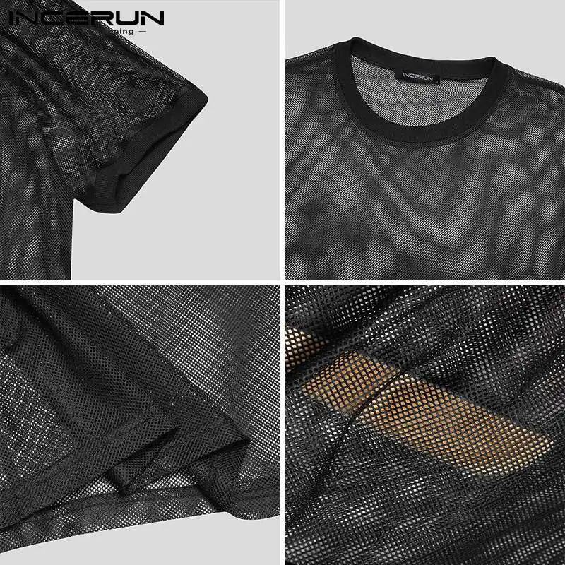 Men T Shirt O Neck Short Sleeve Mesh Transparent 2023 Sexy Tee Tops Streetwear Vacation Breathable Party Men Clothing INCERUN