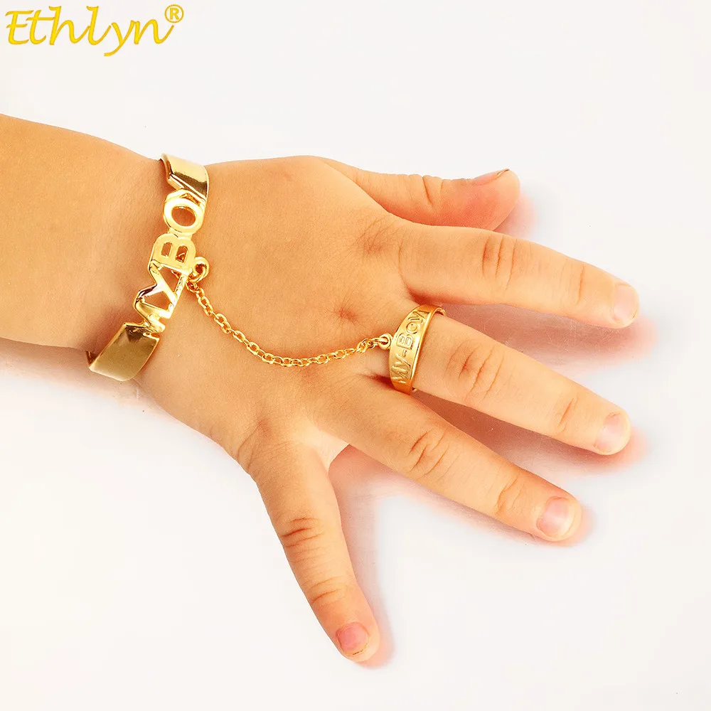 Ethlyn African Arab Gold Color My Boy Bangles Bracelet with Ring Children Jewelry Bangles Newborn Baby Cute Cuff Bracelets S203