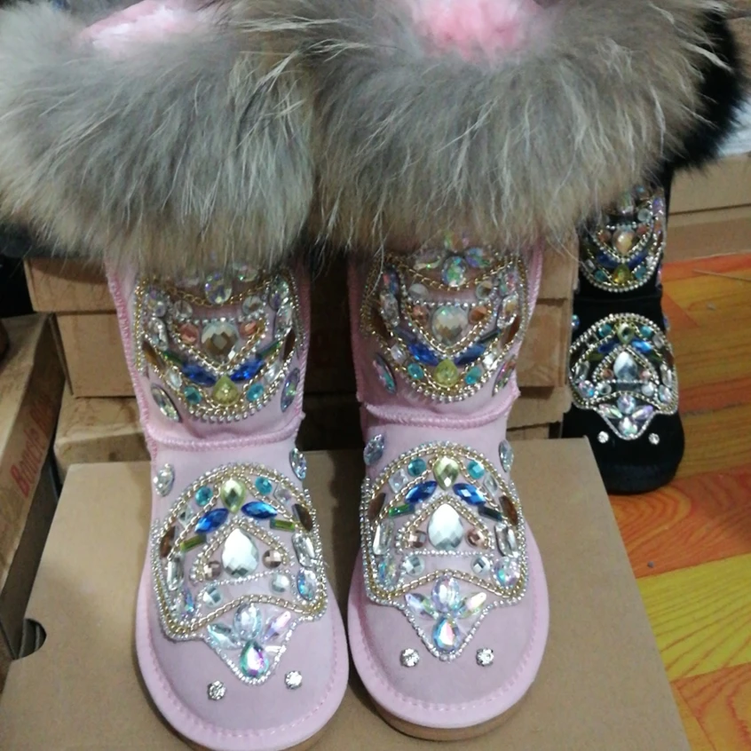 Winter Hot Women Rhinestone Mid-Calf Snow Boots Luxury Colorful Crystal Ladies Flat Boots Raccoon Fur Boots Slip On Warm Boots