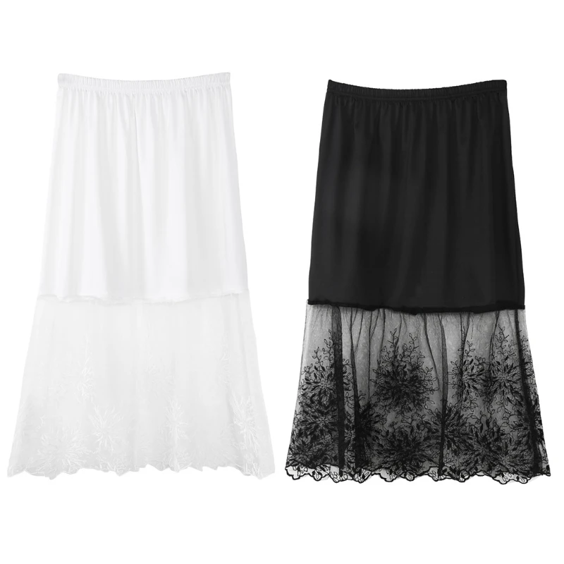 Women Lace Half Slip Skirts Extender Elastic Waist A-line Hollow Petticoat Underskirt Female Casual Solid Color Streetwear