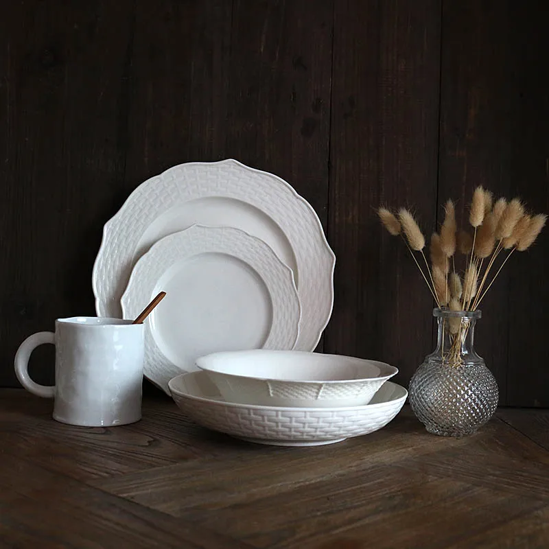 Simple White Ceramic Weave Edge Food Plate/Deep Dish Cup and Saucer Dessert Plate Set