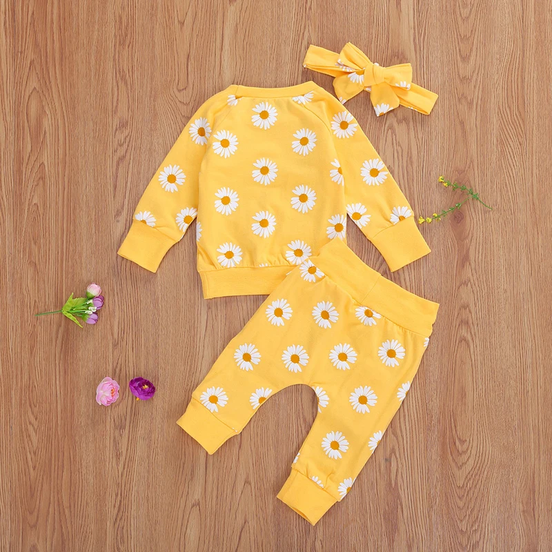 2021 Spring Fall Baby Clothes Set Floral Printed Sweatshirts Tops+Pants+Bow Headband Outfit Girls Clothing Set 3pcs 6