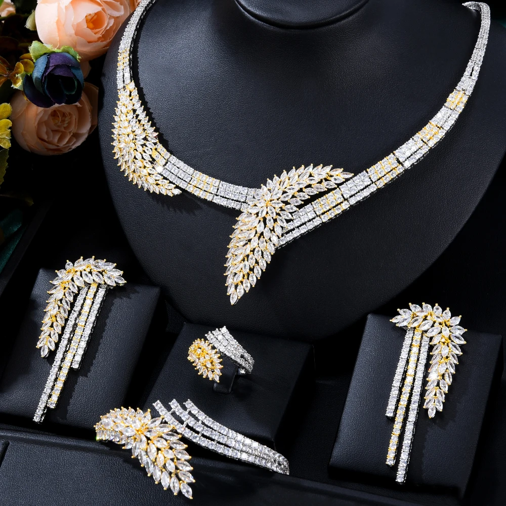 Siscathy Fashion Luxurious Zircon Leaves Necklace Wedding Jewelry Set For Women Female Party Dinner Dress Accessory Jewelry Gift