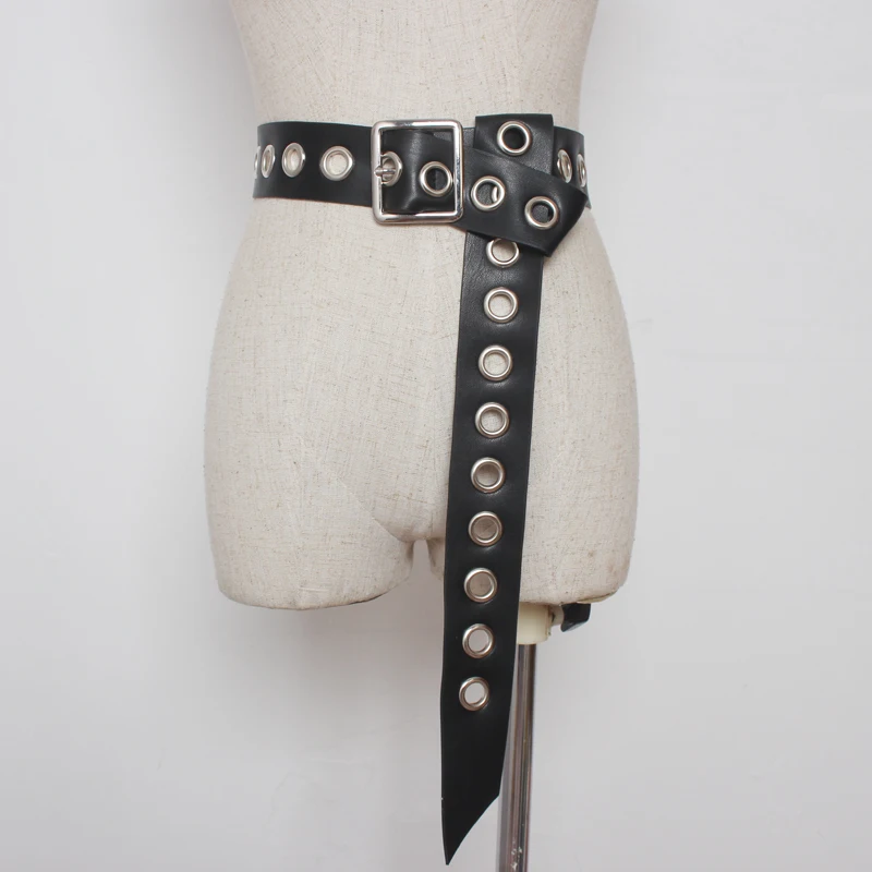 Belt for women Fashion Knot long belt black Hollow Rivet knotted soft PU leather strap belt silver pin square buckle waistbands