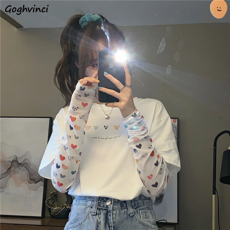 Women Long Sleeve T-shirts Spring Patch Designs Printed Sweat Fresh Korean Fashion Leisure Preppy Style Loose Teens BF Ins New