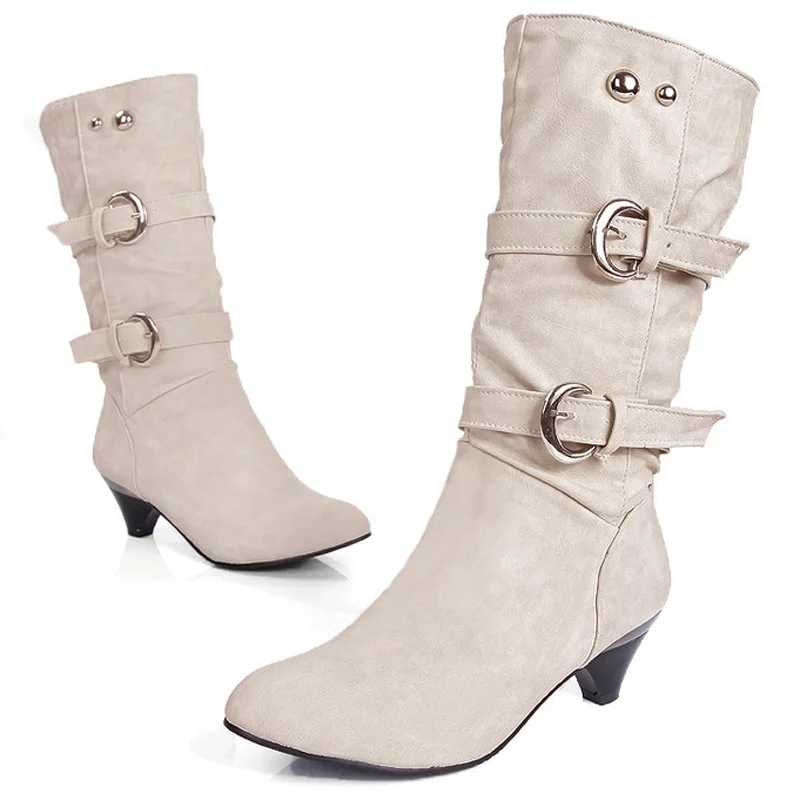 Big Size 34-43 Autumn Winter PU Leather Buckle Chunky Heels Mid Calf Boots Hot Sale Round Toe Slip on Casual Women Shoe WSH3476