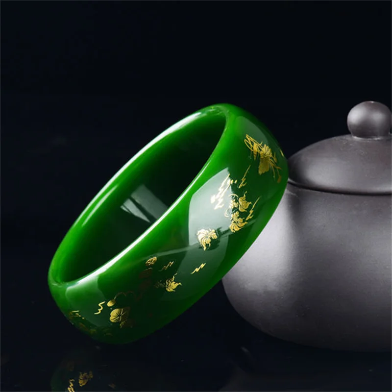 

Hot selling natural hand-carved Spinach green and gold widened Jade Bangle54-64mm fashion Accessories Men Women Luck Gifts