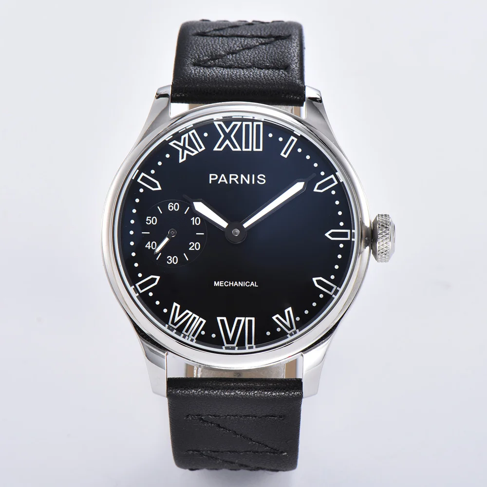 

Parnis 44mm Mechanical Watch Men ST3600 Hand Winding Movement Leather Band Round Case Luminous Male Wristwatch