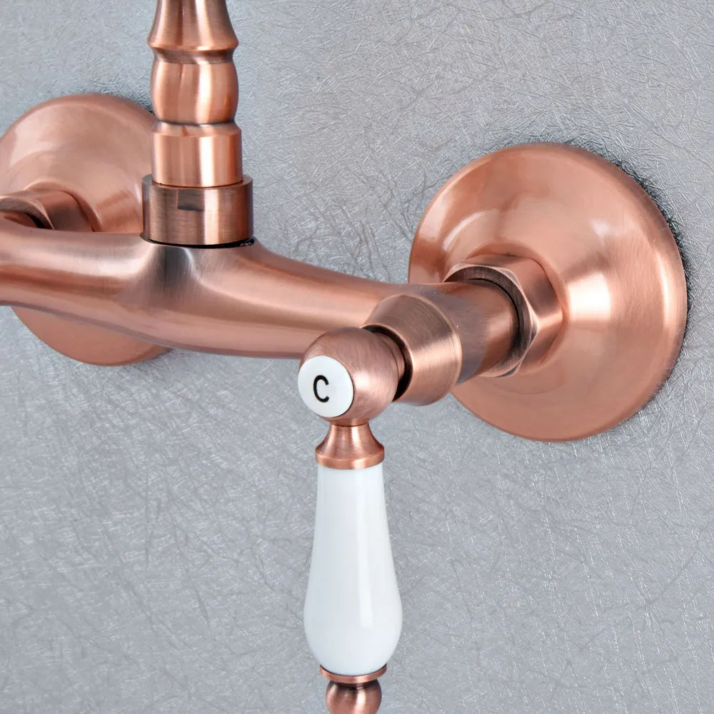 Antique Red Copper Brass Wall Mounted Kitchen Wet Bar Bathroom Sink Faucet Swivel Spout Mixer Tap Dual Ceramic Handles asf899