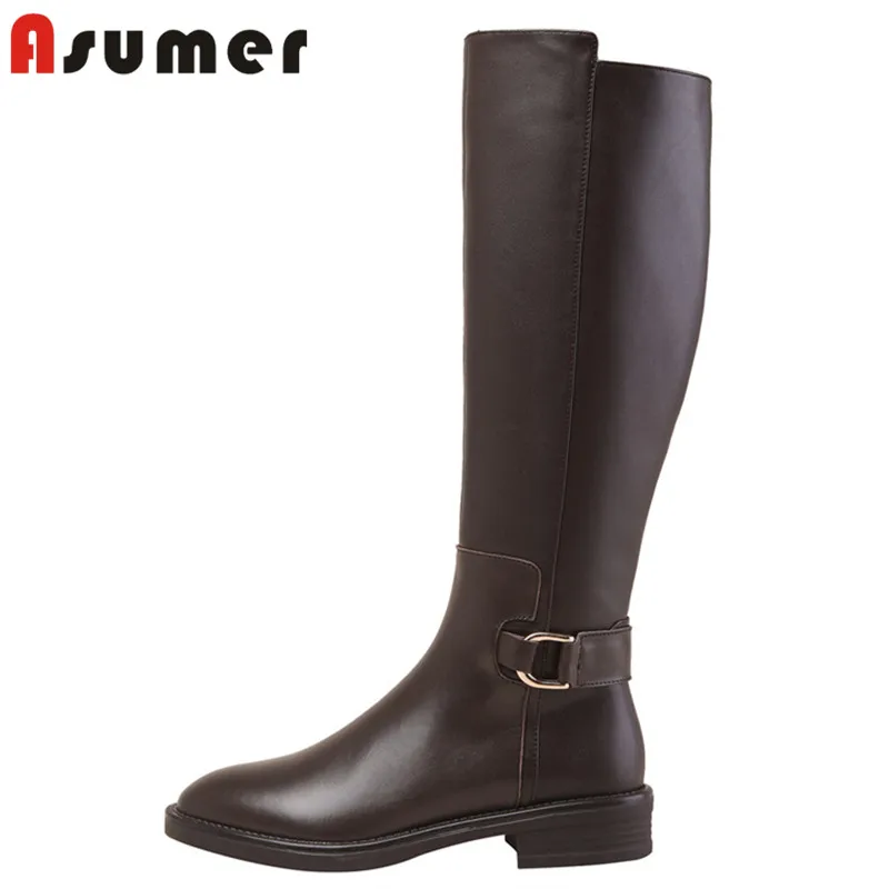 ASUMER 2021 newest genuine leather +pu low heel boots woman round toe buckle zip simple casual shoes women knee high boots