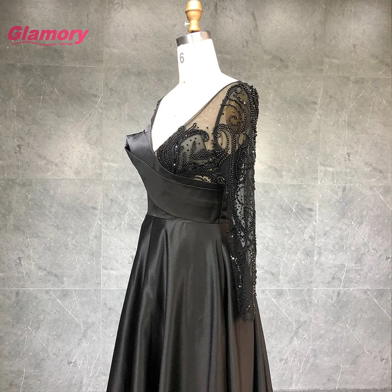 2021 Fashion New Style Deep V Neck Long Sleeves Prom Handmade Beading Evening Dress For Ladies