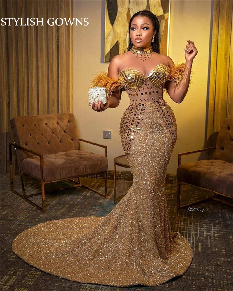 

Gold Sweetheart Evening Dresses For Black Girls 2023 Feathers Wedding Gown Sequined Birthday Party Gowns Mermaid Robe De Soiree