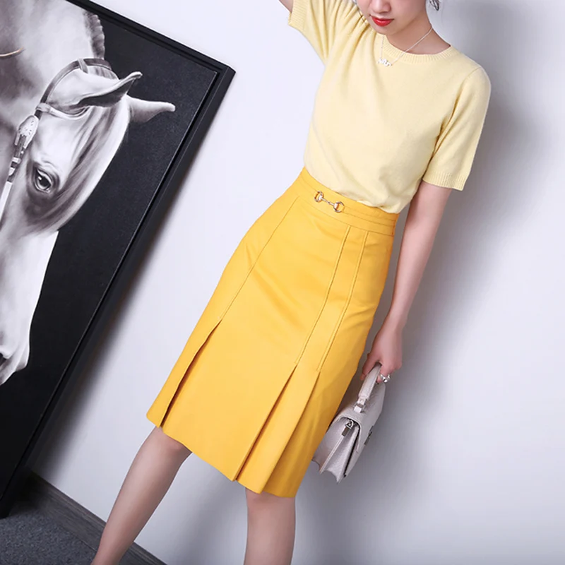 Women High Waist Genuine Leather Wrinkle Skirt OL Working Casual Big Size Midi Wrap Faldas Golden Metal Black/Yellow Split Jupe