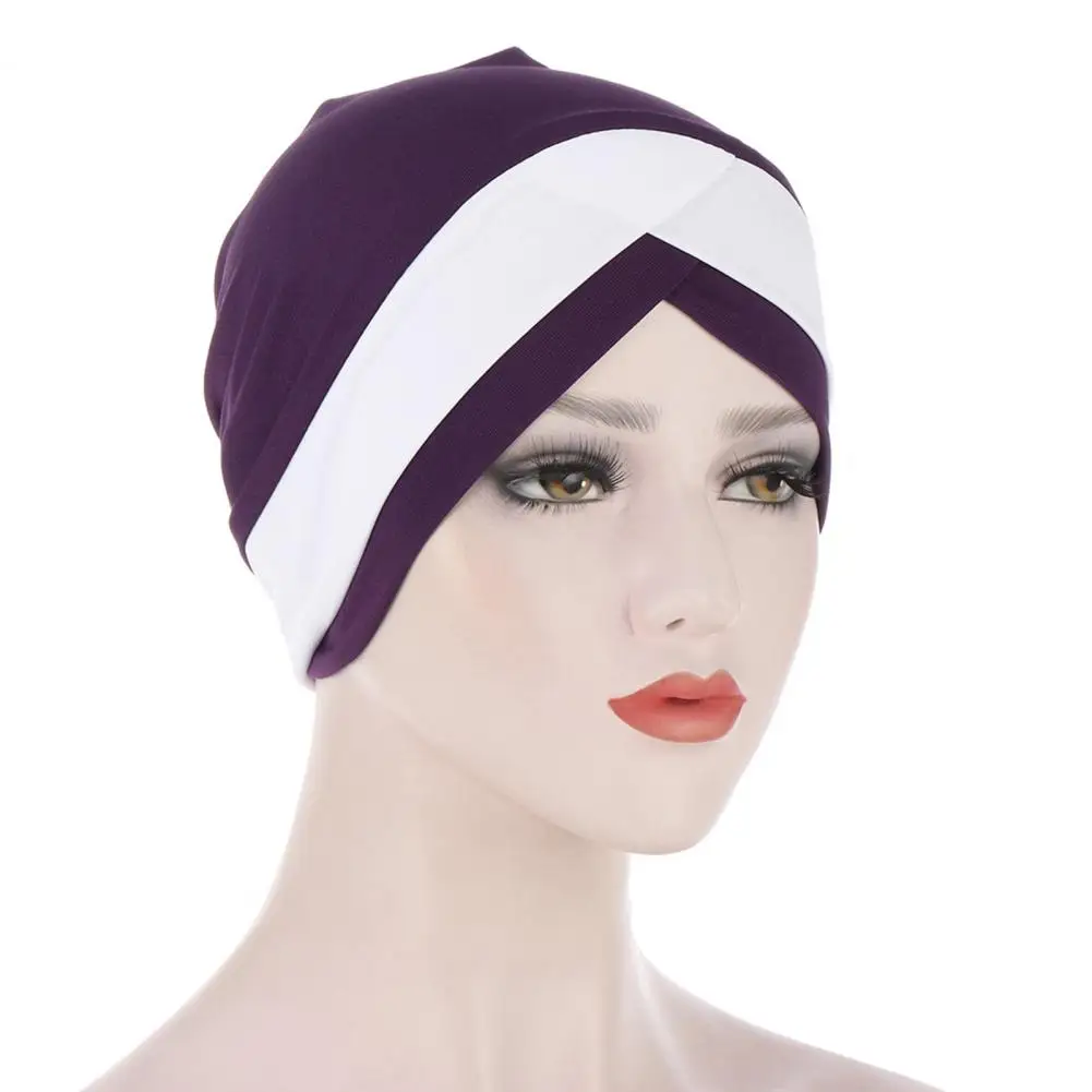 Forehead Cross Hat All-match Breathable Women Beanie Protective Two-Tone Cross Wrap Hat for Daily Life