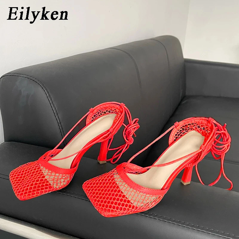 Eilyken 여성용 섹시한 화이트 할로우 메쉬 펌프스 샌들, 스퀘어 토 하이힐, 발목 레이스 업, 크로스 타이 파티 드레스, 여성 신발, 신제품