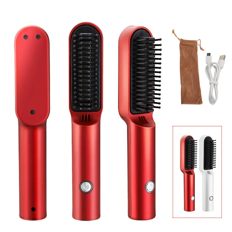 Hair Straightener Brush Cordless USB Charge Beard Straightener Hair Styler Hot Comb Hair Iron Heating Brush Beard Brush