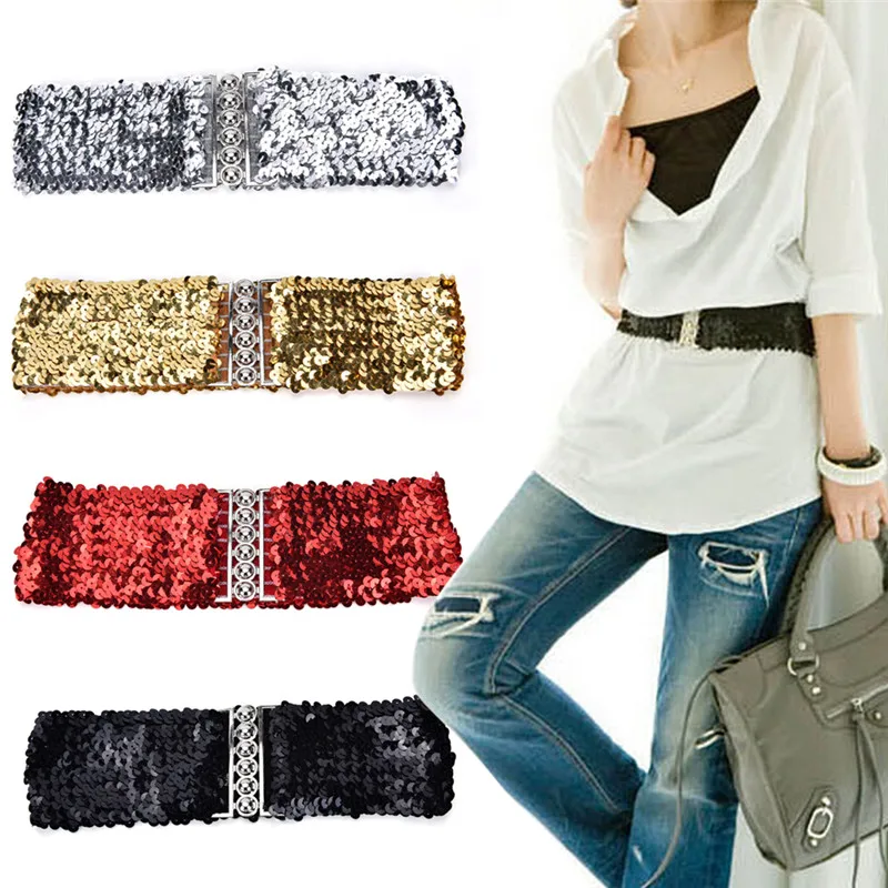 Bling Slim Womens Rivet Sequins Elastic Stretch Wide Waist Belt Waistband